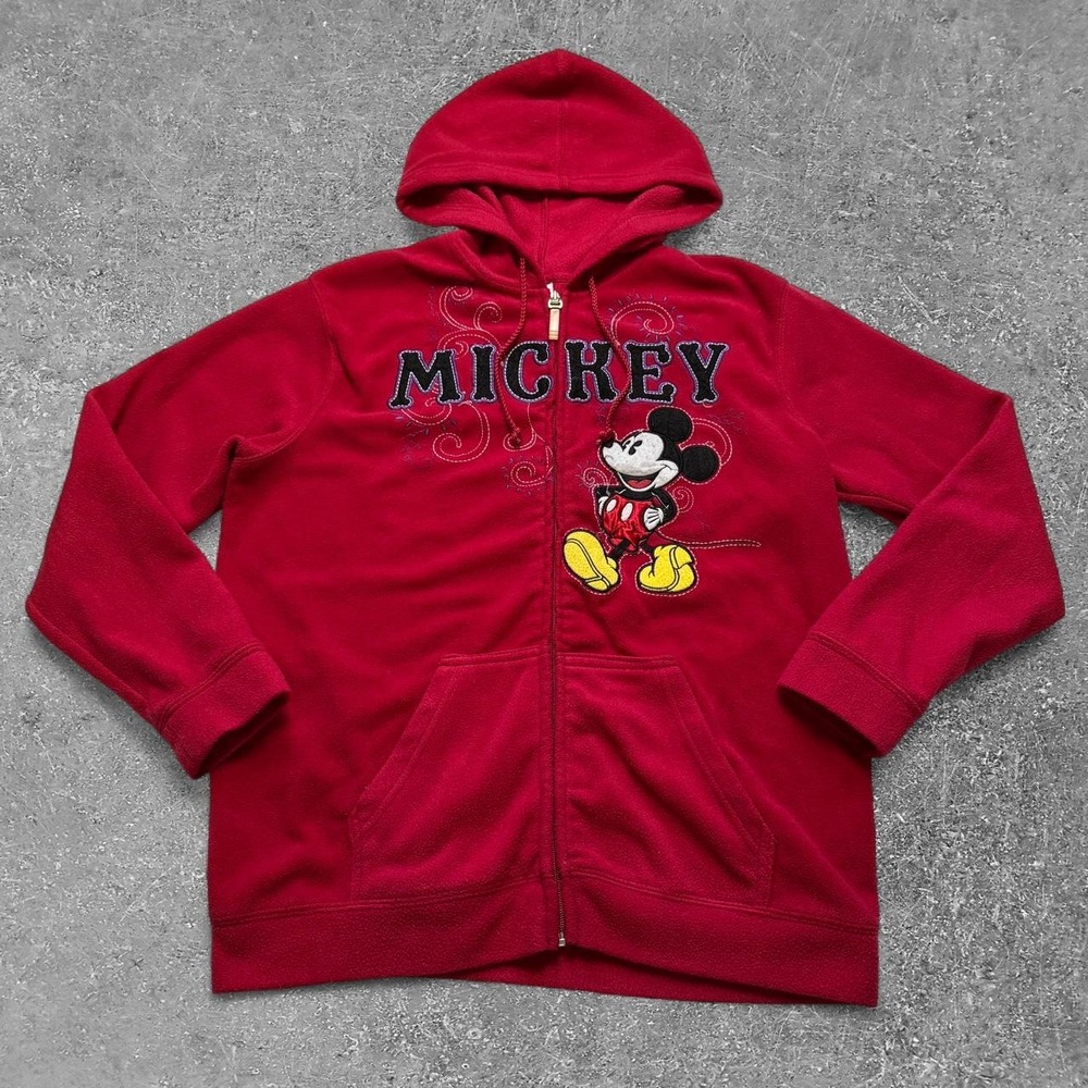 Vintage 90s Disney Mickey Mouse Red Zip Up Hoodie Sweatshirt Women Small